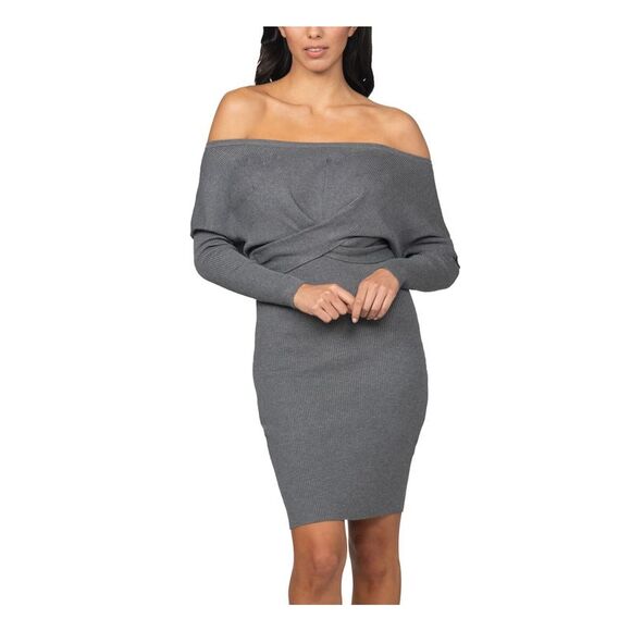 JUMP Dresses & Skirts - JUMP Womens Gray Twist-front Dolman Sleeve Above The Knee Sweater Dress M